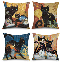 Housses de coussin abstraites style bohème 45 x 45 cm, lot de 4, décoratives, thème chats noirs, carrées, avec fermeture éclair invisible