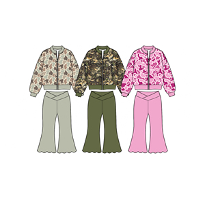Précommande à prix réduit GLP3729 Ensemble 2 pièces style western pour filles Yoga Kid : Blouson bomber zippé en coton camouflage et Pantalon évasé à ourlet festonné - Product Image 1