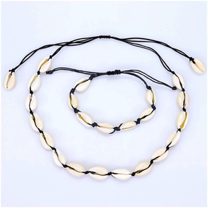 Colar de Conchas Cowrie Trançado em Corda Preta para Mulheres e Homens, Joias de Verão - Product Image 6