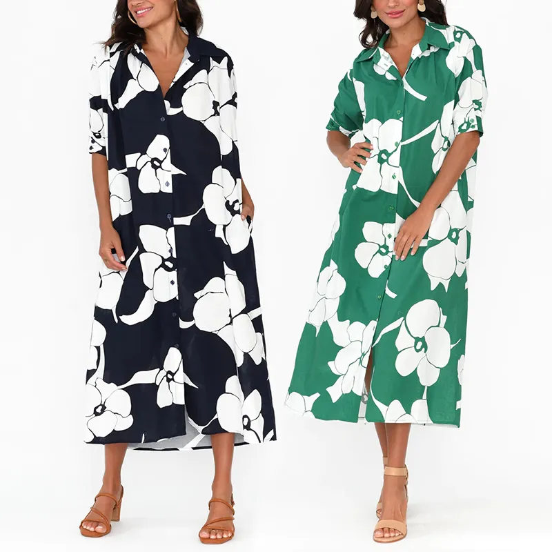 कारखाने आकस्मिक साधारण मामूली प्लस आकार के ओवरसाइज ढीले शर्ट पोशाक महिला कपास चिफॉन कस्टम लोगो मुद्रित बोहो पुष्प पोशाक