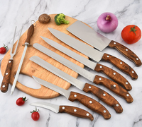 Ensemble de couteaux de cuisine à manche en bois, couteaux de chef en acier inoxydable avec sac de transport, aiguiseur et fourchette à viande pour la cuisson et le barbecue