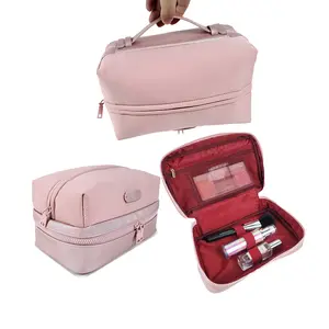 Популярное Новое поступление, портативные удобные для путешествий сумки с двойным карманом на молнии для девочек, персонализированные косметический пакет с отделениями
