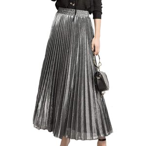 Women's <b>Metallic</b> Shiny Pleated Maxi Long <b>Skirt</b> Regular Waist Chiffon Fabric - Product Image 4