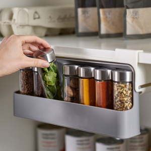 Kitchen Hanging Spice Jar Rack Drawer Organizer Tray with Seasoning Jars Rack Self Adhesive Adjustable Under Table Storage