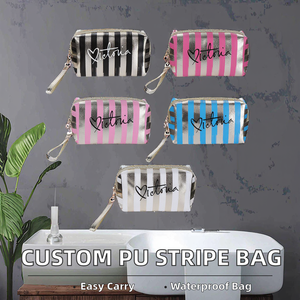 Bolsa de Cosméticos Portátil Impermeable de PU con Rayas Impresas Personalizadas al por Mayor, con Asa Suave y Cremallera - Product Image 2