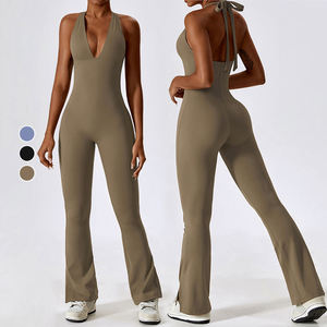 Logo personnalisé pour femmes Halter une pièce Fitness Wear dos ouvert ajusté jambe évasée pantalon Yoga Jumpsuit - Product Image 3