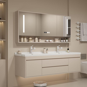 Mueble de Baño Flotante de Madera Natural Personalizado <span class=keywords><strong>con</strong></span> Estantes Laterales Abiertos y Espejo Ovalado <span class=keywords><strong>con</strong></span> LED para Baños Modernos - Product Image 3