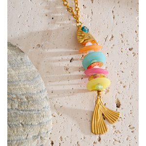 JINYOU 5812 Collana Lunga Boho <span class=keywords><strong>in</strong></span> Acciaio Inossidabile con Ciondolo a Lisca di Pesce, Charm a Forma di Pesce con Fetta di <span class=keywords><strong>Resina</strong></span> Colorata, Collana a Catena per Maglione - Product Image 4