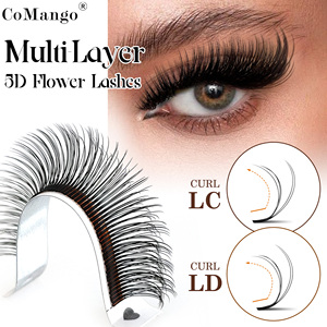 Extensions de cils CoMango double couche 5D à pointes florales, préfabriquées, super noires, faites à la main, naturelles, douces, effet fée - Product Image 1