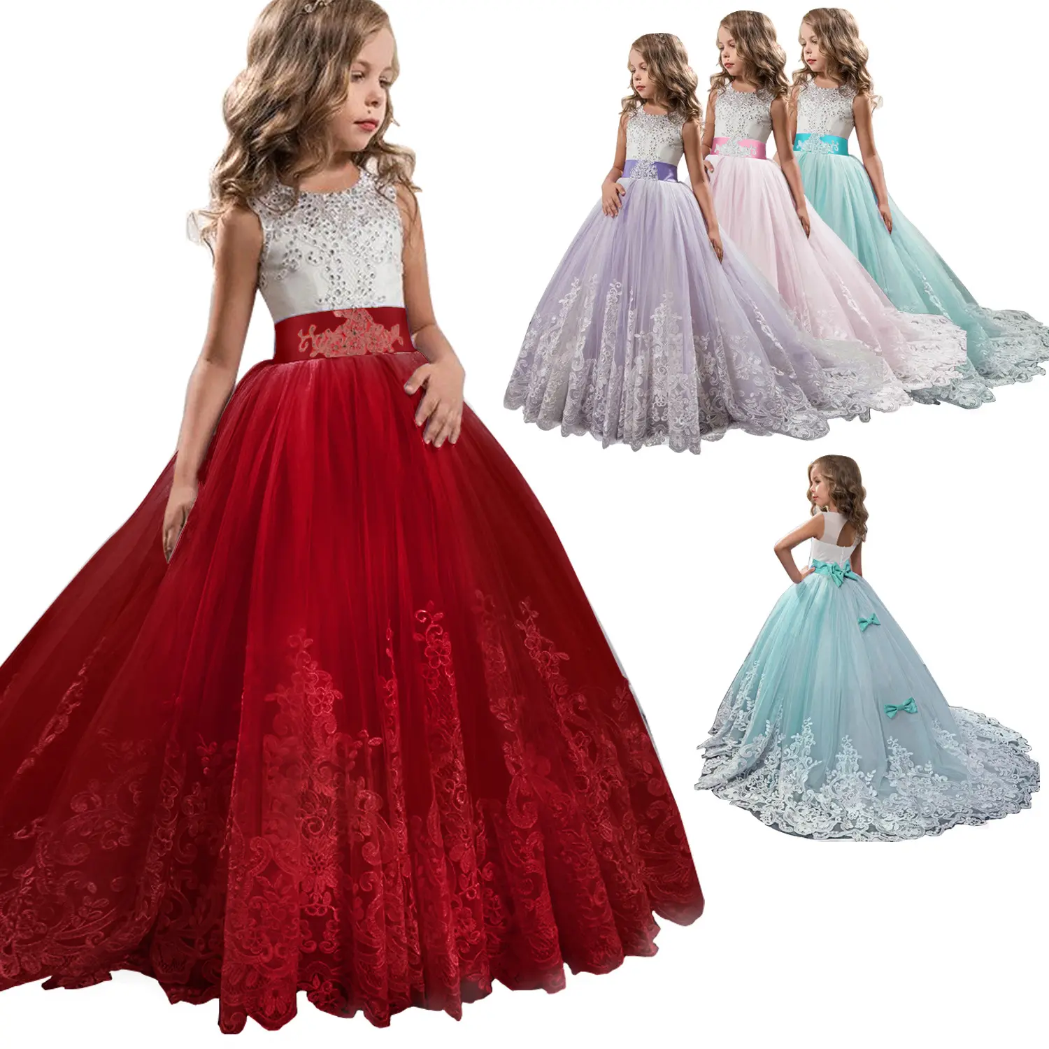 Kids Little Girls' Dress Lace Floral Princess Party Formal Evening Wedding Pageant Embroidery Tulle Maxi Elegant Vintage Dress