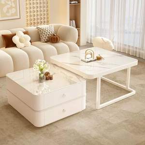 Mesa <span class=keywords><strong>de</strong></span> Centro <span class=keywords><strong>de</strong></span> Estilo Crema con Superficie <span class=keywords><strong>de</strong></span> Piedra Blanca y Almacenamiento Retráctil Móvil <span class=keywords><strong>para</strong></span> Sala <span class=keywords><strong>de</strong></span> Estar <span class=keywords><strong>de</strong></span> Apartamentos Pequeños, Diseño Moderno - Product Image 1