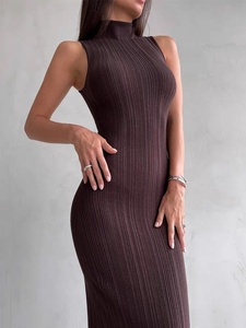 Jupe longue élégante pour femme, coupe droite ajustée, sans manches, col rond, tricot côtelé, couleur unie, style européen et américain, collection 2026, vente chaude - Product Image 6