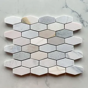 Jet d'eau hexagone dosseret de cuisine carrelage mosaïque aspect marbre