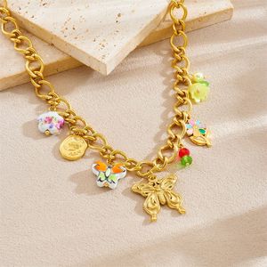 Fashion Pendant Necklace Set Gold Plated Butterfly Ceramic Flower Charm Chain Jewelry Gift for Women - Product Image 3