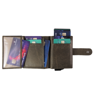 Tarjetero de cuero auténtico PU para tarjetas de crédito, abierto, automático, emergente, Delgado, minimalista, con bloqueo RFID, forro de nailon, tarjeteros - Product Image 1