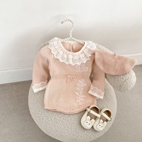 Romper de Punto para Bebé con Cuello de Encaje de Lujo, Bordado de Flores, Elegante Mono para Bebé, Ropa Infantil Personalizada