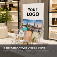 Support d'affichage de comptoir en acrylique transparent à 3 niveaux personnalisé avec porte-étiquette pour brochures et marchandises en magasin de détail