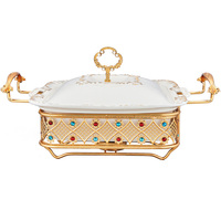 Chauffe-plat de luxe à cadre en métal doré, récipient de chauffage d'aliments pour buffet de fête de mariage, chauffe-plat en céramique chauffé à l'alcool