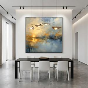 ภาพวาดทิวทัศน์นามธรรมสีน้ำเงินและสีทอง ภาพวาดสีน้ำมันวาดด้วยมือบนผ้าใบ ตกแต่งบ้านด้วยงานศิลปะขนาดใหญ่ - Product Image 1