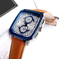 Montre à quartz pour homme, design tendance, multifonction, chronographe, bracelet en cuir, lunette en or rose, acier inoxydable, carrée, étanche