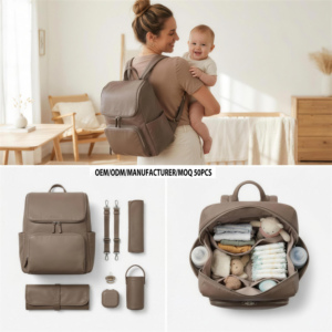 <span class=keywords><strong>Sac</strong></span> <span class=keywords><strong>à</strong></span> <span class=keywords><strong>dos</strong></span> de maternité et de puériculture personnalisé OEM en PU marron, résistant <span class=keywords><strong>à</strong></span> l'eau, avec fermeture éclair, de capacité moyenne, fabriqué par un fabricant de sacs <span class=keywords><strong>à</strong></span> <span class=keywords><strong>dos</strong></span> de mode - Product Image 1