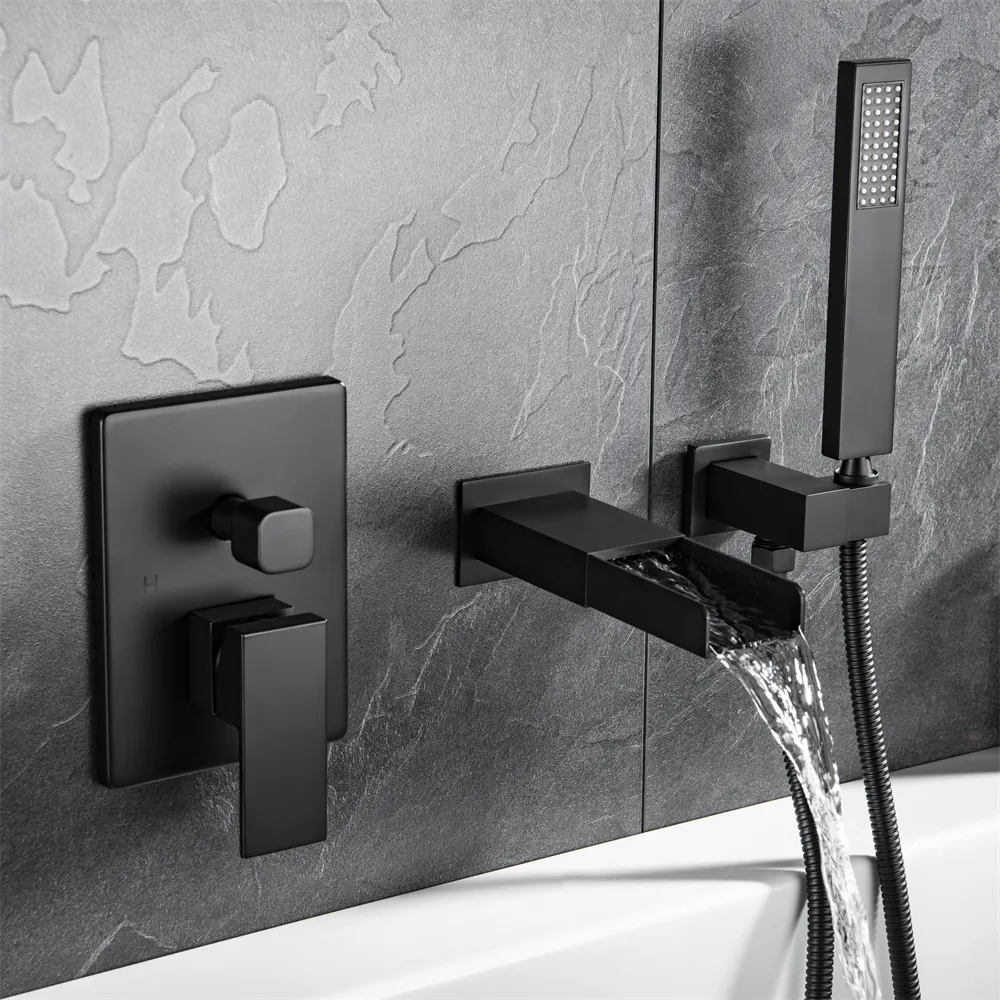 Unique Waterfall Faucet Series Hot Cold Water Wall Mounted Single Handle Matt Black Finish Brass In-wall Bathtub Mixer Faucet