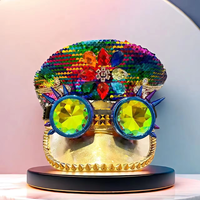 Chapeaux de Capitaine Arc-en-ciel à Paillettes Personnalisés (3 MOQ) avec Lunettes Steampunk Bleues et Bord Doré – Casquettes de Fête Rave pour Femmes – Vente en Gros