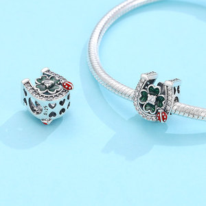 Amuleto de Plata S925 con Herradura de la Suerte, Trébol de Cuatro Hojas y Mariquita con Esmalte Verde y Rojo, Joyería de la Suerte DIY para Mujer, Regalo - Product Image 2
