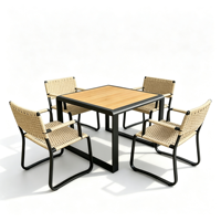 Ensemble de salle à manger d'extérieur en alliage d'aluminium, table de jardin en teck résistante aux UV et imperméable, chaise en corde tressée Teslin