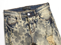 Jeans pour hommes rétro bleu en détresse Skinny Stretch imprimé teinture Style Streetwear bouton de broderie cristal décoration lavé ODM
