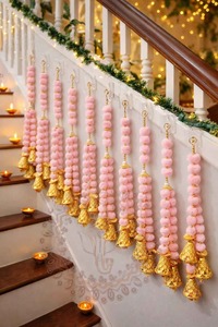 Handcrafted Eco-Friendly Pastel <b>Pink</b> Pom-Pom Festive Hanging Garland Golden Bell Staircase Doorway Indian Wedding Backdrop Decor - Product Image 4