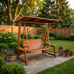 Modern Solid Teak Wood Outdoor <b>Swing</b> Chair With Canopy Patio Garden Porch Hanging <b>Bench</b> Furniture - Product Image 4