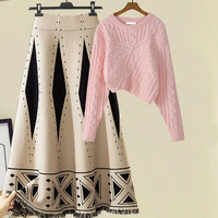 Nouveau automne et hiver mode col rond pull tricoté pull jupe ample deux pièces ensemble pour les femmes