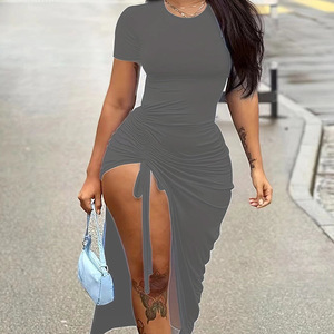 2024 da <span class=keywords><strong>donna</strong></span> Sexy e Slim girocollo tinta unita disegna a fessura pieghettata <span class=keywords><strong>abiti</strong></span> irregolari a maniche corte da <span class=keywords><strong>donna</strong></span> <span class=keywords><strong>eleganti</strong></span> da <span class=keywords><strong>donna</strong></span> - Product Image 5