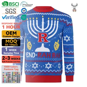 Nanteng Custom Winter Rib Crew Neck Star Pattern Jacquard Knit Striped 100%Cotton Men Pullover Ugly Christmas Sweater