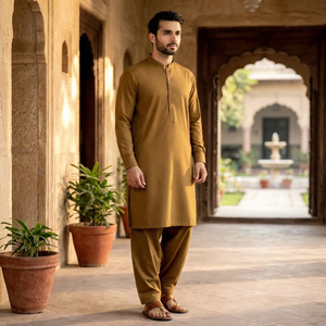 Kurta Salwar Kameez de Algodón Color Mostaza para Hombre, Manga Larga, Largo hasta el Tobillo, Diseño Tradicional Casual Moderno, Alta Calidad, Corte Regular - Product Image 1