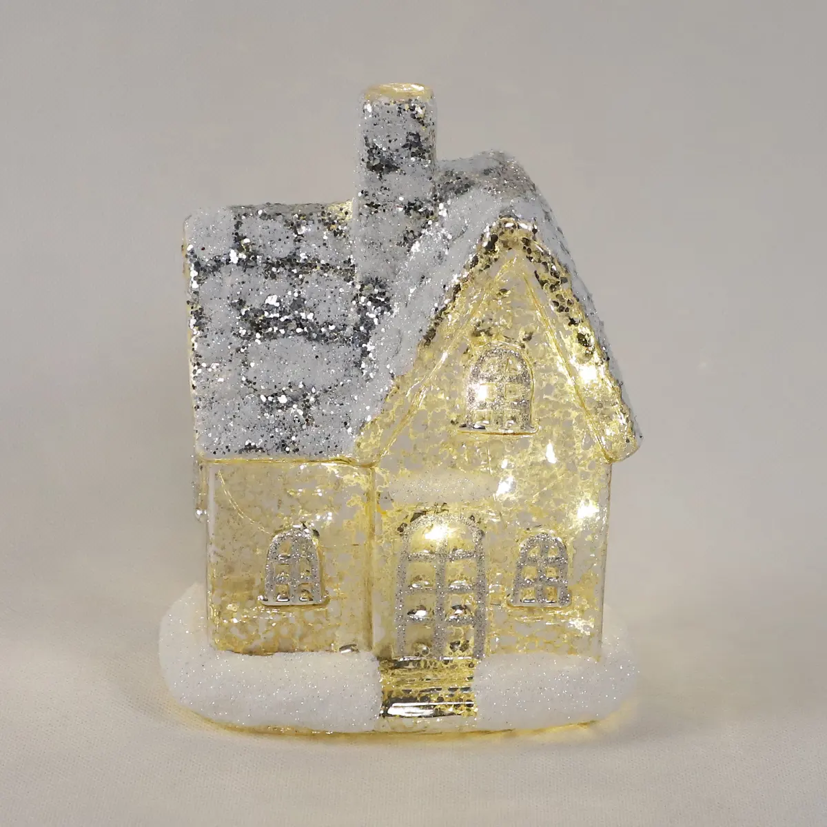 2024 ปีใหม่ฤดูหนาวหิมะGolden Glitterแก้วบ้านโบสถ์เครื่องประดับคริสต์มาสตกแต่งในร่มWarm Teaไฟ