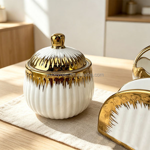 Ensemble de vaisselle en céramique de porcelaine plaqué or à motif végétal réutilisable YDY avec pot de rangement, porte-serviettes et service de table - 3 pièces - Product Image 3