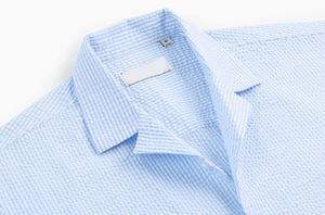 <span class=keywords><strong>Camicia</strong></span> a maniche corte a righe <span class=keywords><strong>Seersucker</strong></span> personalizzata per uomo estiva blu con colletto cubano mezza manica giacca <span class=keywords><strong>camicia</strong></span> - Product Image 4