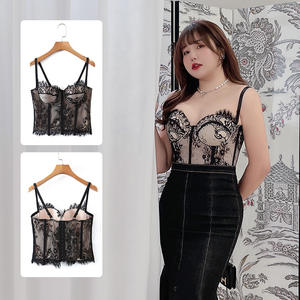 Runqi Women's Plus Size <b>Lace</b> Camisole N8353 Phantom <b>Black</b> Fishbone Bra Pads Sexy Backless <b>Top</b> - Product Image 2