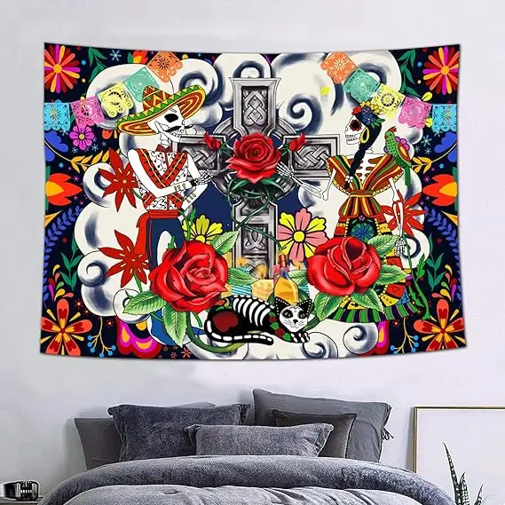 Day of The Dead Tapestry Mexican Fiesta Sugar Skulls hiasan dinding dengan permadani kerangka bunga