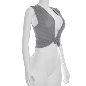 Viviblook C26TP090 Top Corto de Verano para Mujer, Sexy, Casual, Color Sólido, Corte Ajustado, Escote en V Profundo, con Nudo, para Damas - Product Image 6