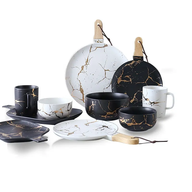 Creative golden Marbling Matte Porcelain Tableware Set Black Color Dinner Set