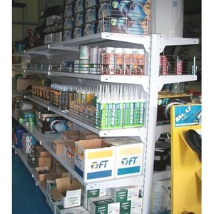 Scaffalatura Gondola Bifacciale Resistente 405 cm L x 166 cm H x 50+50 cm P in Metallo per Supermercati, Include Base e 4 Ripiani - Product Image 1