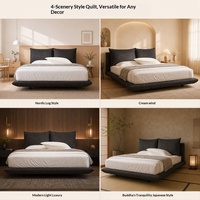 Cama Flotante Moderna Nórdica Tapizada en Tela, Tamaño Doble/Queen, Cabecera Suave para Recámara Principal, Estilo Crema