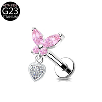 Anting Gantung Korea Model Kupu-kupu untuk Wanita, Anting Hidung Titanium Helix dengan Zirkon, Perhiasan Tindik Modis