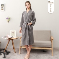 Peignoir d'été fin en polyester respirant à taille élastique et motif gaufré, col en V, manches courtes, absorbant, pour femme, style chemise de nuit de couple, à nouer devant