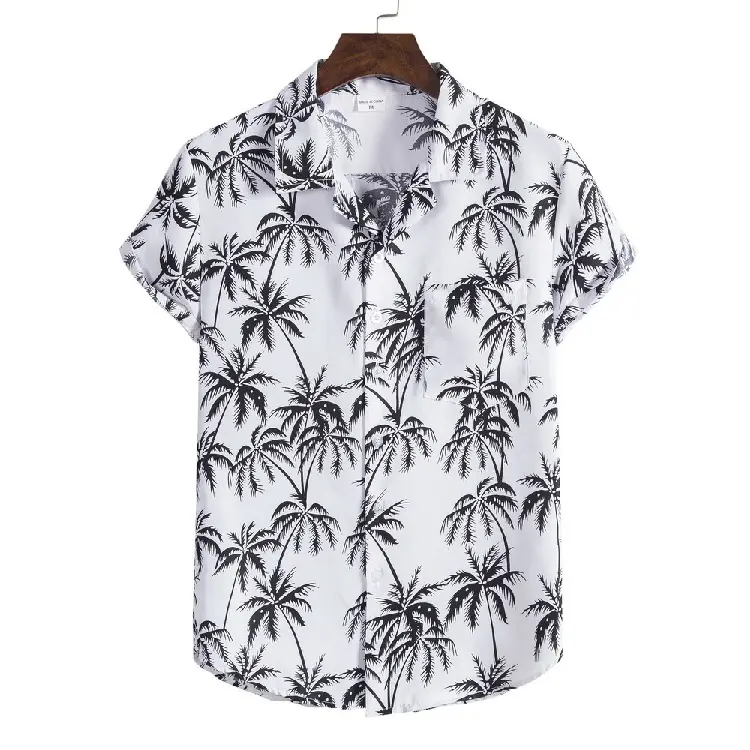 Custom Logo Design Heren Klassiek Fit Katoenen Shirt Met Korte Mouwen Zomer Hawaii Strandshirts Heren Palmboom Knoop Shirt