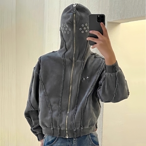 THUG CLUB Sweat à capuche épais délavé à l'acide et vieilli, style Techwear, coupe courte, effet soleil délavé, entièrement zippé, pour homme - Product Image 2