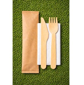 Juego Ecológico y Biodegradable de Madera de Magnolia Conifera 3 en 1 (Tenedor, Cuchillo, Servilleta de Papel) al Mejor Precio - Product Image 1